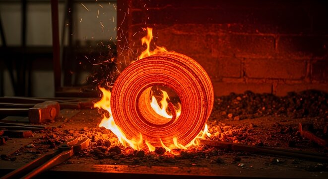 Glowing hot metal coil in a blacksmith forge