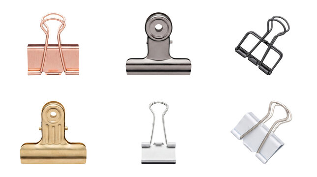 Assortment of office binder clips and clamp clips in multiple colors and metallic finishes.