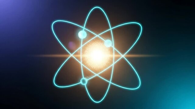 Dynamic Atomic Structure Glowing Electrons Orbiting Bright Nucleus in Dark Space.