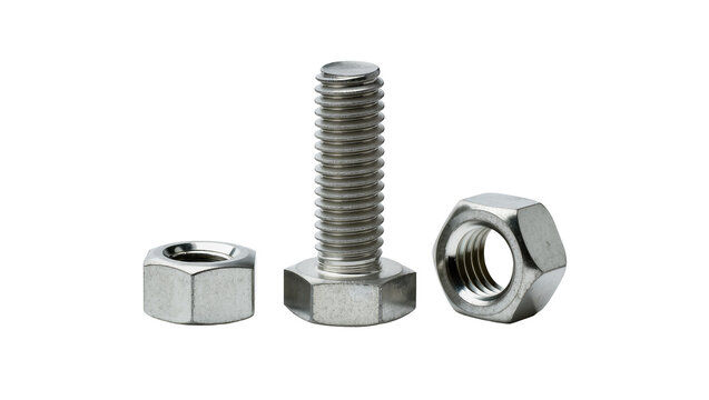 Metal bolt and two nuts hardware fasteners, silver color
