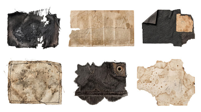 Authentic collection of distressed and aged fabric and paper fragments with grunge textures, isolated on transparent.
