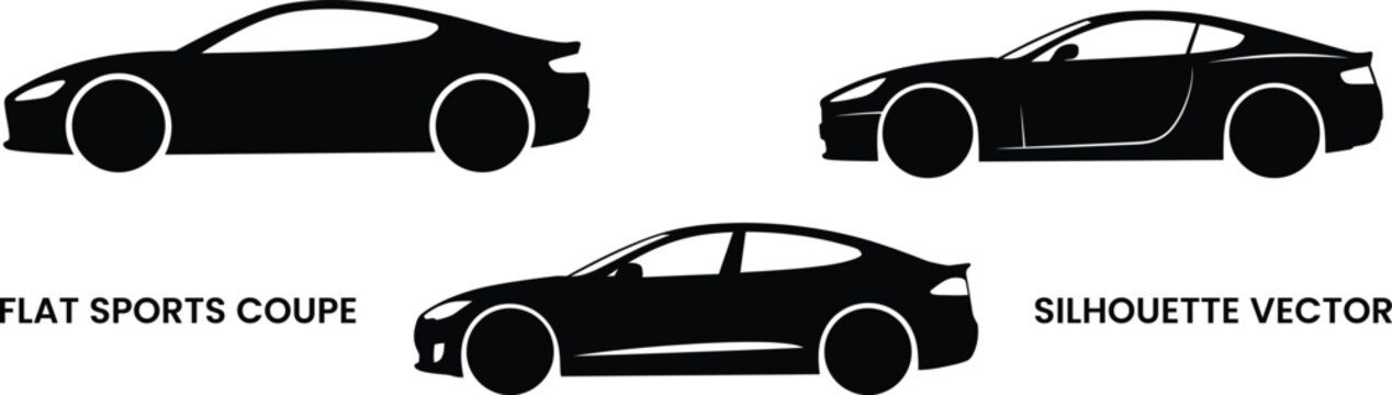 Collection of flat sports coupe car silhouettes featuring sleek automotive for modern transportation and vehicle branding concepts