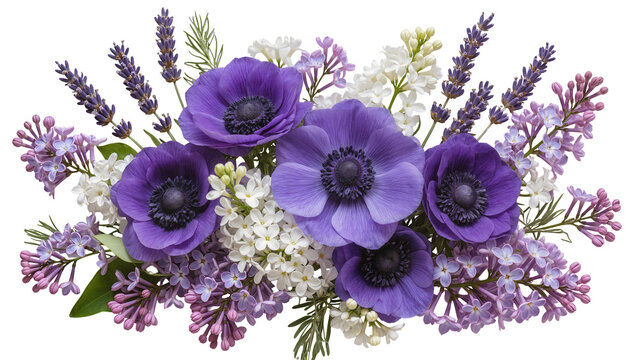 Purple anemone flowers with lilac and lavender sprigs