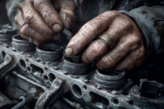 Close-up of mechanic's hands working on engine parts, diverse representation with realistic gritty textures. Auto repair, skilled trade, hands-on maintenance.
