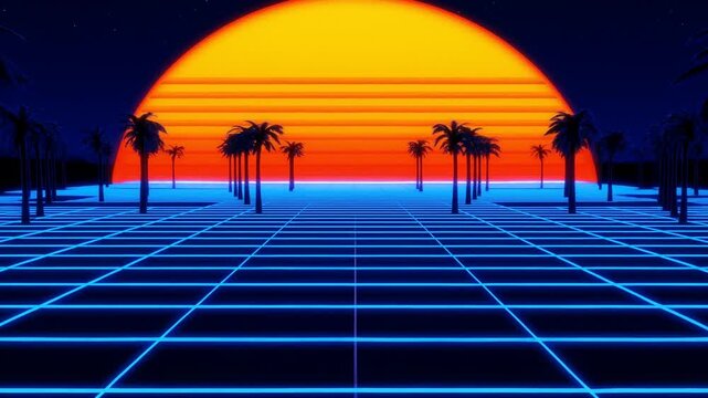 Tracking shot moving forward across neon grid of palm trees approaching oversized sunset on virtual tropical beach at night retro futuristic synthwave landscape