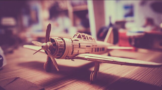 Intricately crafted balsa wood miniature model aeroplane sits on a wooden surface
