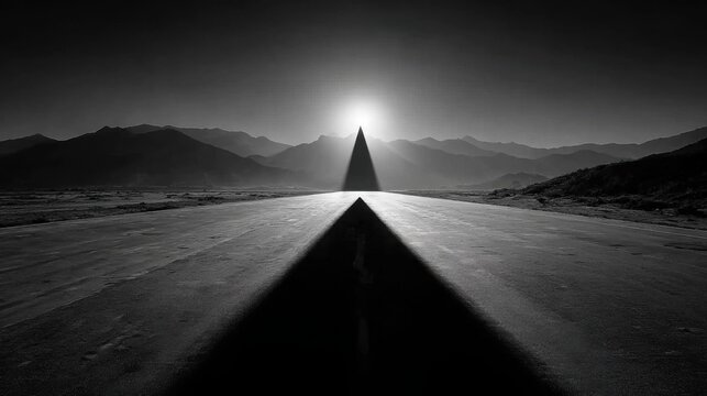 Sharp triangular shadow from aeroplane points dramatically down an empty road towards the sunlit horizon and distant mountains.