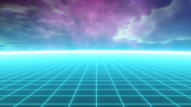 Static shot of neon grid floor extending to glowing horizon under starry magenta and cyan sky in futuristic virtual landscape