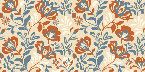 Fototapeta premium Vibrant floral pattern with orange and blue flowers on cream background