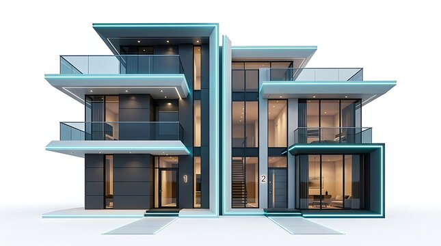 Modern luxury duplex house exterior with glowing warm lighting at dusk in futuristic architectural design