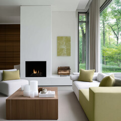 Obraz premium Modern minimalist living room interior fireplace sofa window daylight, soft green accent and forest view create calm contemporary home design