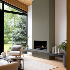 Obraz premium Modern minimalist living room fireplace large window wood ceiling cozy interior garden view, soft daylight framing calm home design