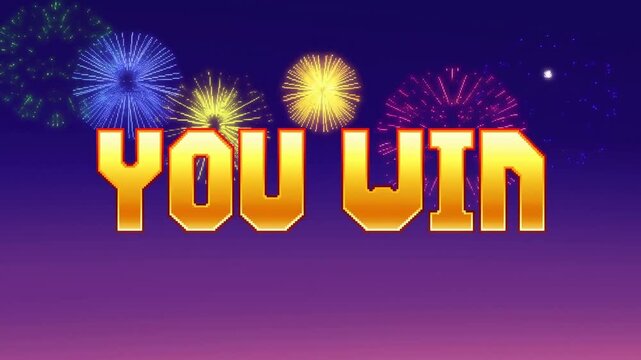 Static shot of gold you win title with fireworks exploding across night sky over purple to pink gradient backdrop in retro arcade style celebration