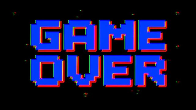 Static shot of retro pixel game over text with chromatic glitch and jitter on black arcade monitor background