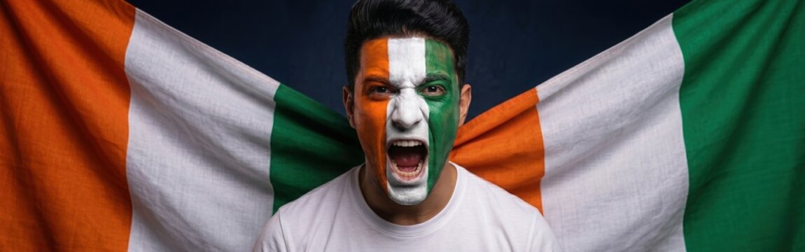A passionate Ivory Coast football fan with orange, white, and green face paint shouting intensely. Supporter with a national flag cheering for his team at the 2026 international soccer championship