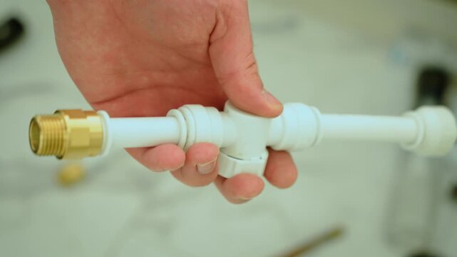Holding plastic pipe with brass adapter in hand, plumbing components ready for installation. Close up of push fit fitting connected to threaded metal coupling, DIY repair tools in background
