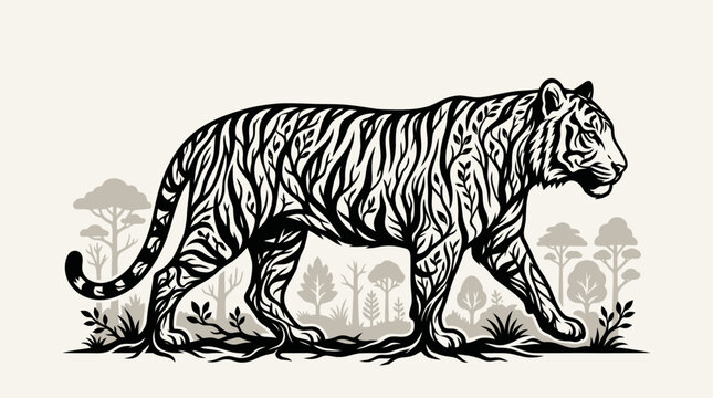 A stylized black and white illustration of a tiger with its stripes resembling tree branches and foliage, walking through a natural landscape with silhouetted trees in the background.