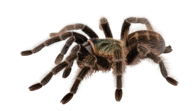 Hairy brown tarantula spider with green markings on cephalothorax