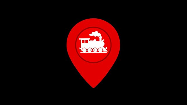 Red map location pin icon containing a vintage steam train locomotive symbol