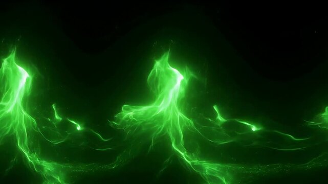 Slow motion panning shot of green plasma swirls rising and flowing like flame and smoke across black background in panoramic horizontal abstract sequence