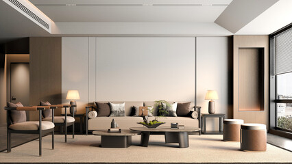 Fototapeta premium modern house and tropical living room with cozy sofa and white wall background. 3d render