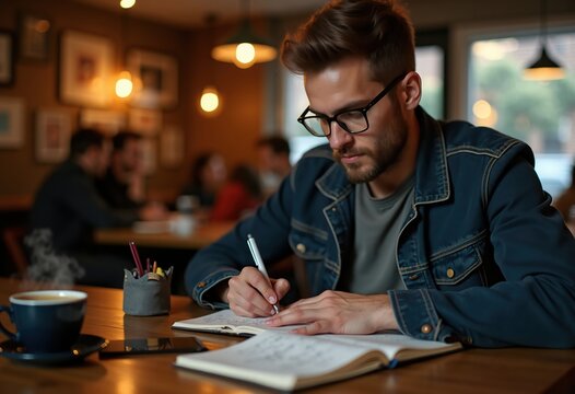 Creative Writer Engrossed in Novel Manuscript Candid Shot at Cozy Cafe with Laptop and Coffee