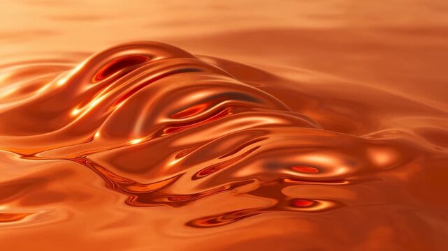 Slow motion close up of molten copper liquid forming ripples and waves on reflective surface in studio tabletop setting