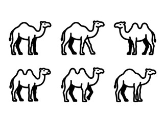 Obraz premium Camel icon set showing various black line art animals isolated on a clean white background design
