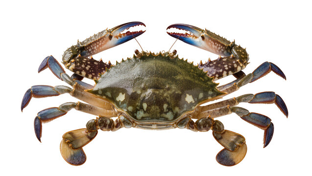 Blue crab with sharp claws and segmented legs on white