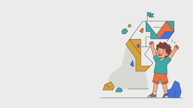 Joyful child celebrating success at the top of a mountain made of colorful tangram puzzle pieces, reaching the flag.