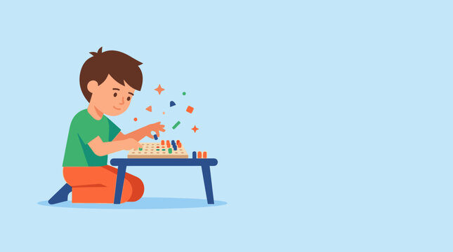 Young boy playing with colorful building blocks on a table, developing creativity and fine motor skills