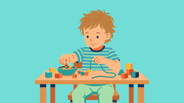 Young boy sitting at a table, focused on threading colorful beads onto a string, developing fine motor skills and creativity.