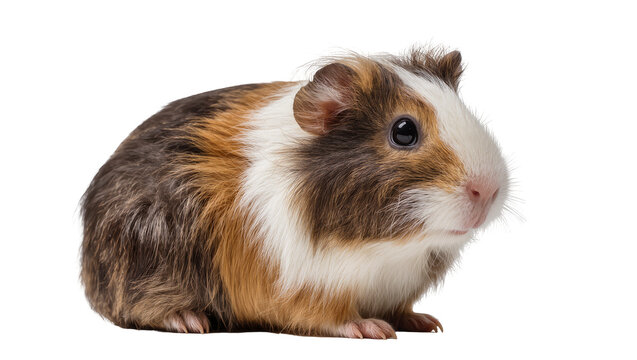 Tri-colored guinea pig with fluffy fur and dark eyes