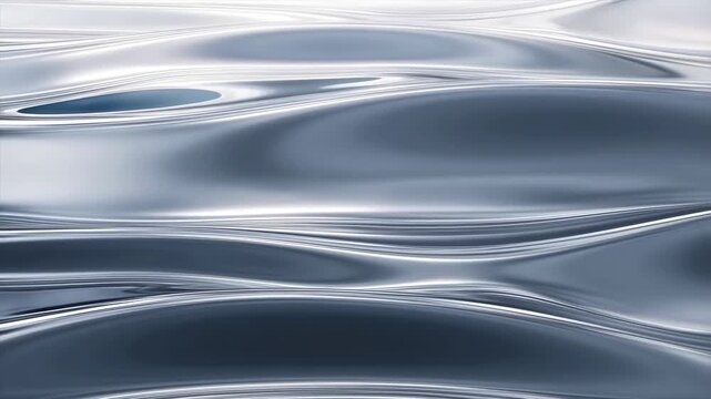 Slow panning tracking shot of metallic liquid surface rippling and flowing in close up studio setting with glossy reflective waves and smooth undulating texture