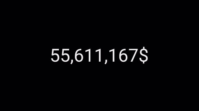 Number counter animation from zero to one hundred million Doller on a transparent background ,Business increase counting dollar animation. Dollar counting from 0 to 100000000 Doller