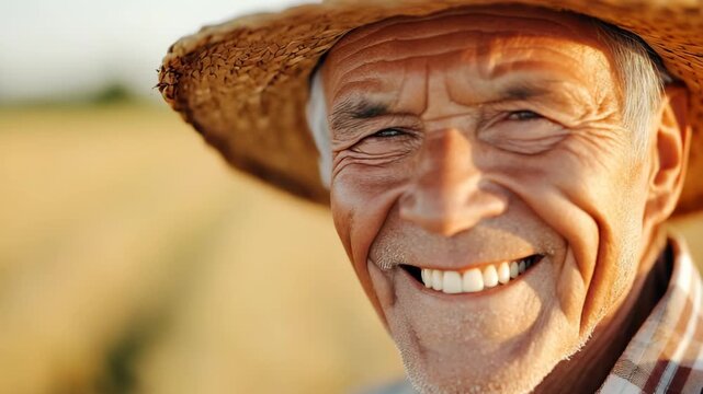 An elderly man stands in a field and smiles while wearing a straw hat. The sun shines down as he enjoys the day. Rows of crops stretch out behind him in the background