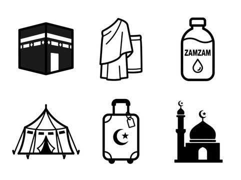 Hajj pilgrimage icons set featuring Kaaba ihram clothing zamzam water tent suitcase and mosque line art