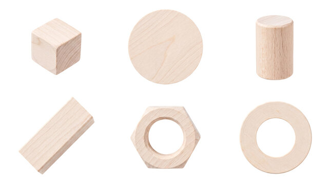 Fundamental natural wooden geometric shapes including cube, cylinder, and ring.