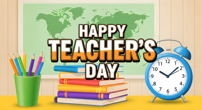 Happy Teachers Day illustration with school supplies and a world map background