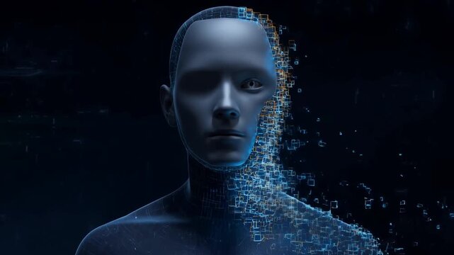 Slow motion static close up of android head dissolving into digital squares and particles with fragments drifting across dark futuristic void environment