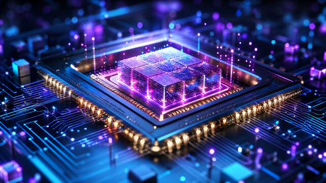 Macro Close-up of Futuristic Quantum Processor with Glowing Qubits