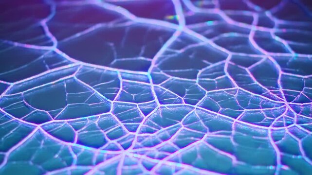 Tracking zoom of iridescent cracked surface revealing macro network of glaze cracks on tabletop studio set under blue purple light