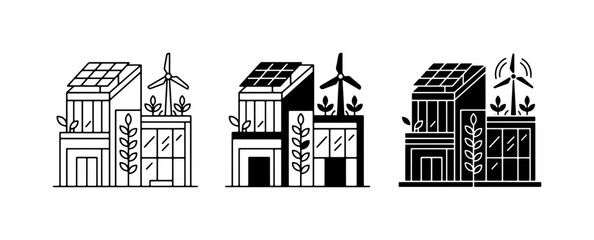 Naklejka premium Eco-friendly buildings with solar panels and wind turbines, sustainable architecture icons, green energy concepts