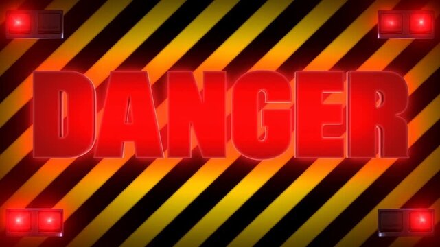 Panning shot of large red danger sign sliding across yellow and black hazard striped background with flashing warning lights