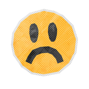 Vintage Halftone Sad Emoji Face Doodle Sticker. Pop art emotion icon element for social media post and meme