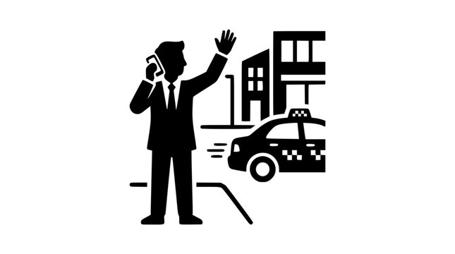 Sleek black and white vector graphic of a professional man in a city, multitasking by talking on his phone while raising an arm to hail a passing taxi, symbolizing efficient urban travel