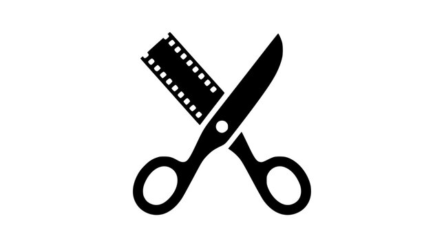 Versatile graphic icon illustrating scissors positioned over a film strip, embodying the essential concept of video cutting, movie editing, and post-production tasks for content creation