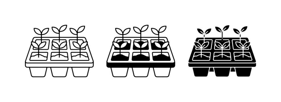 Seedling Trays, Plant Propagation, Growing Sprouts, Gardening Icons, Vector Set