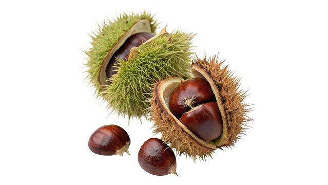 Fresh wild horse chestnuts in prickly shell isolated on transparent background cut out