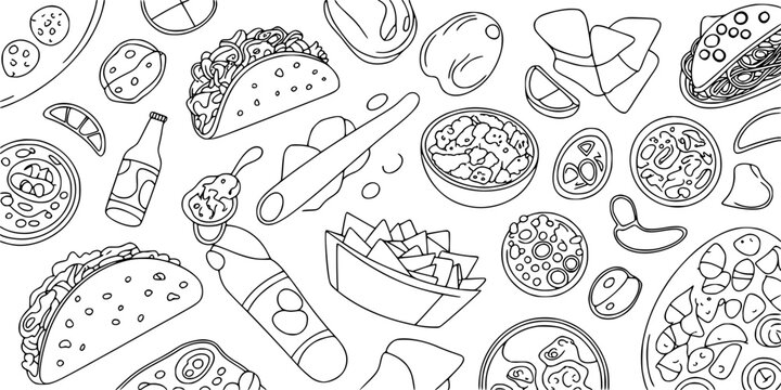 Pizza Slice Doodle Pattern with Pepperoni, Olives, Mushrooms and Playful Line Icons for Seamless Background Design